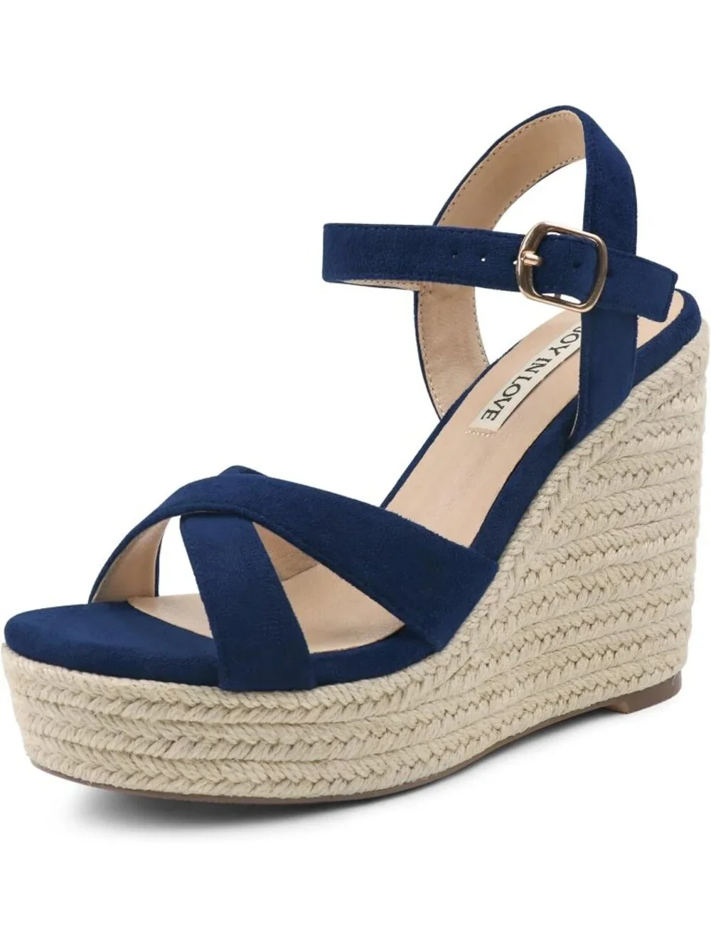 Women's Navy Blue Espadrille Wedge Sandals Platform Ankle Strap Open Toe Heels